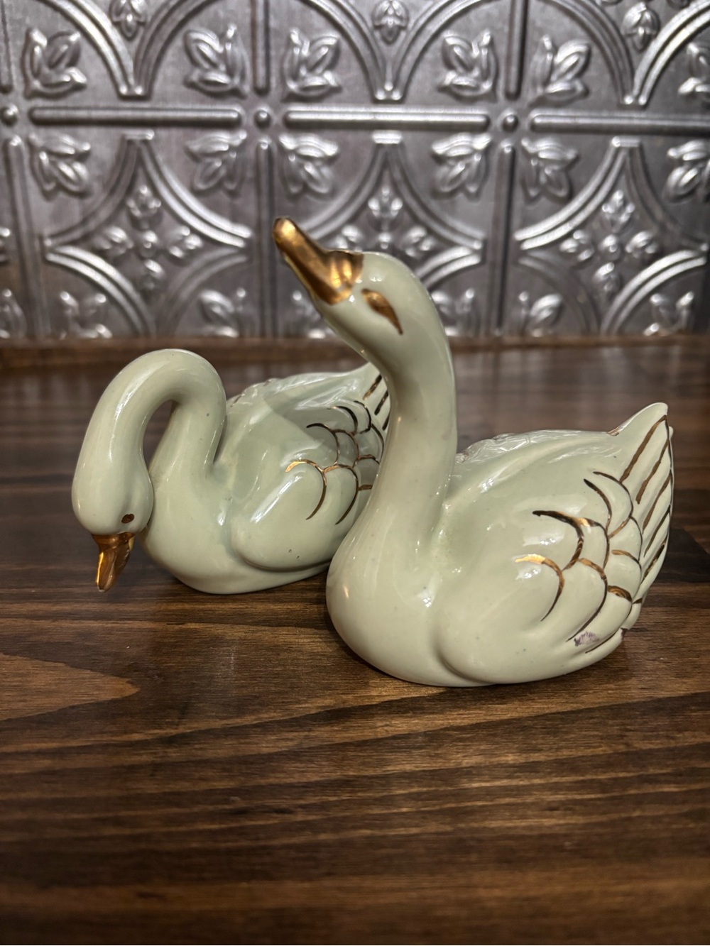 Vintage 1950 Ceramic Swans  Set in Pale Green with Gold Accents